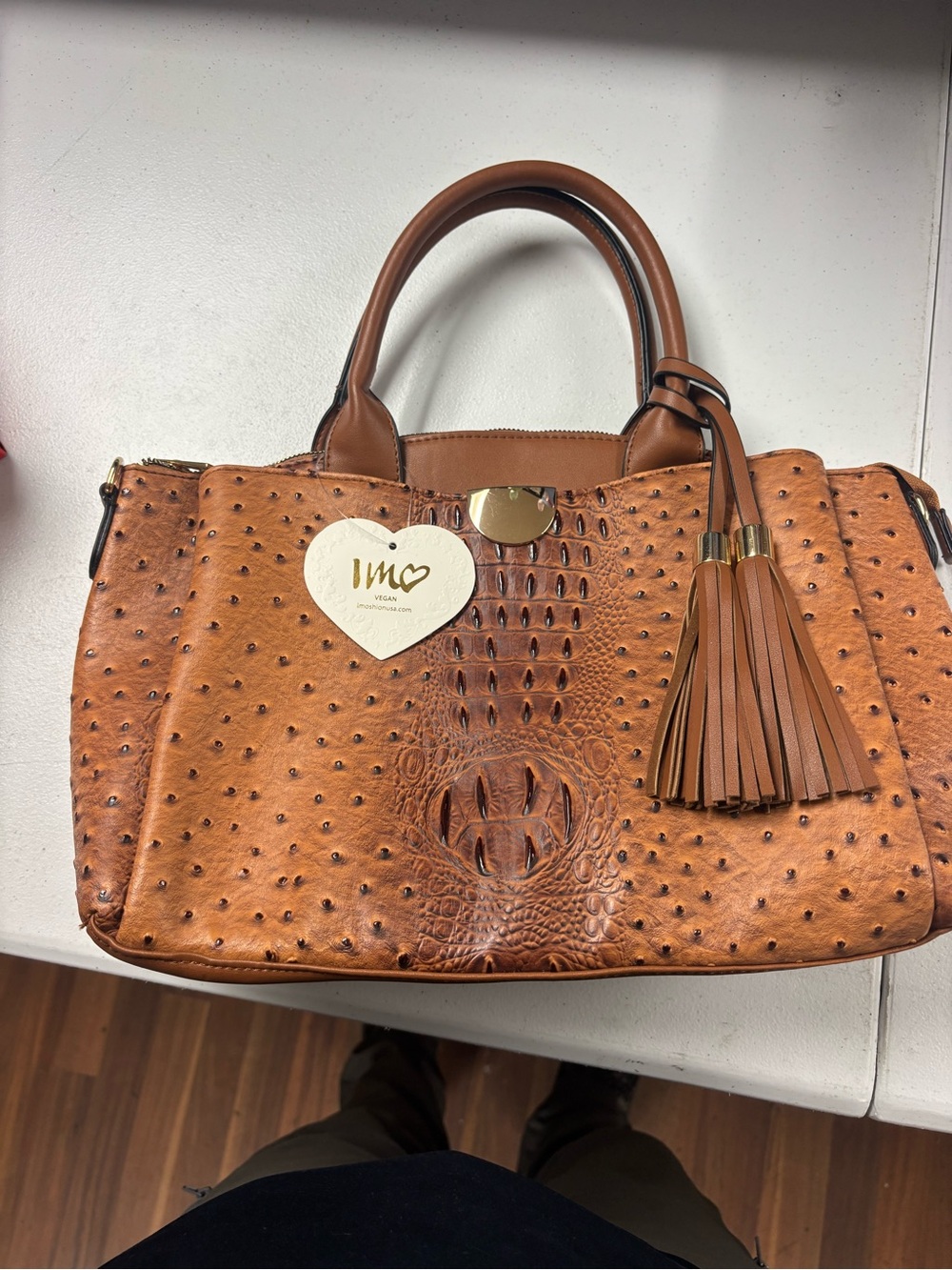 Imoshion Cognac Brown Faux Ostrich Satchel with Tassel